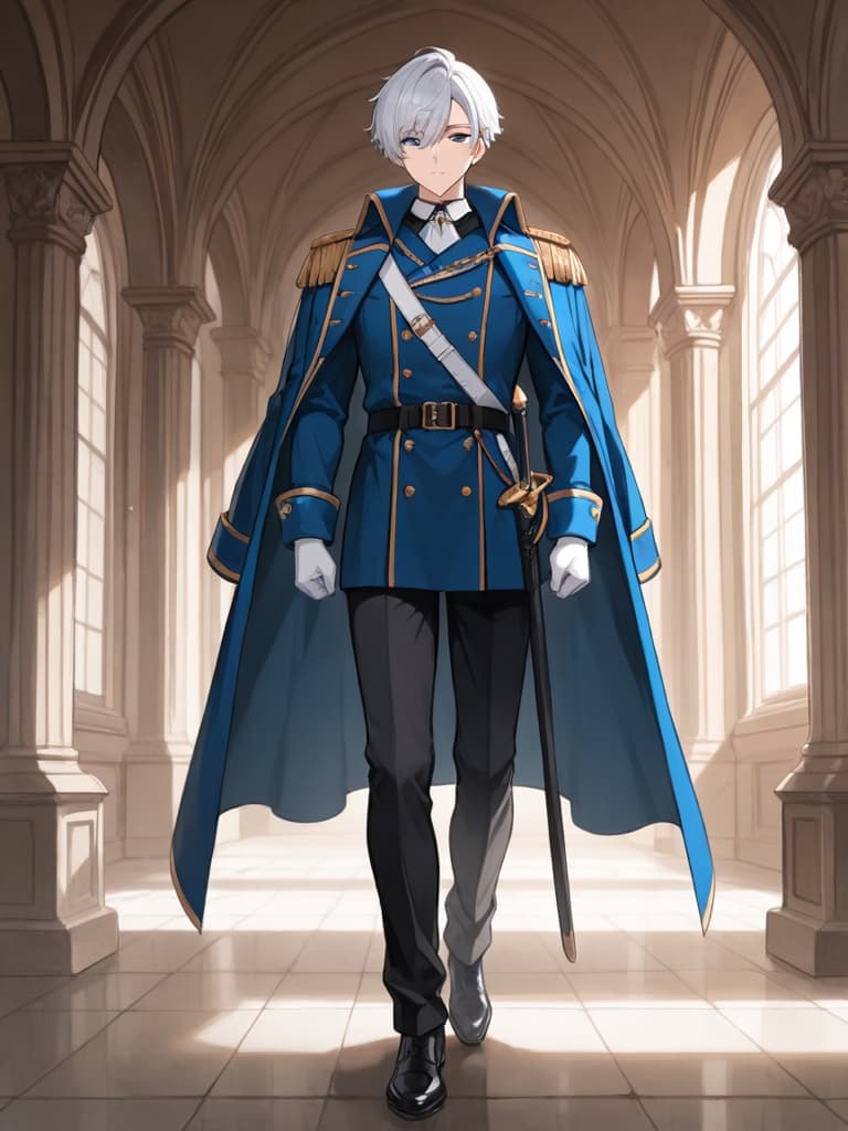 Original bishounen prince OC with silver hair in an ornate blue royal coat