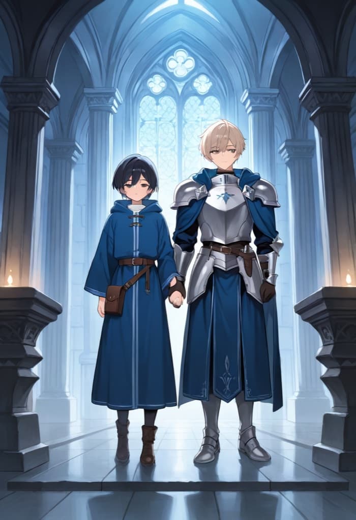 Two original bishounen OCs, a knight and a mage, holding hands in a fantasy castle