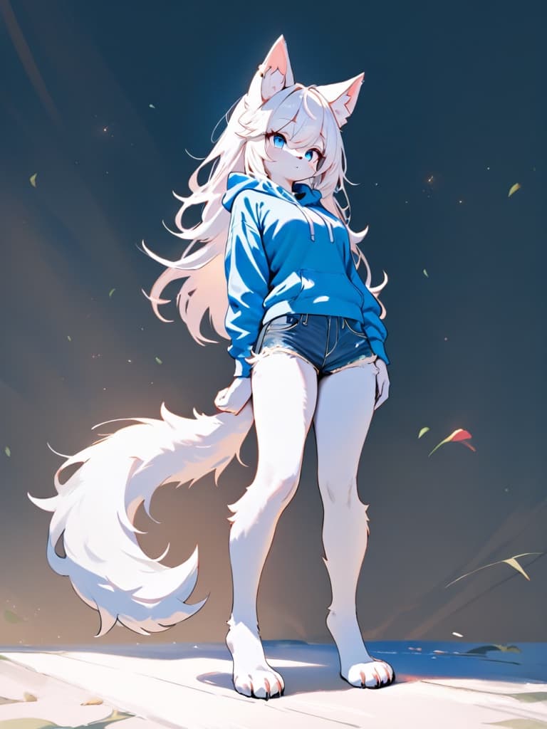 Original painterly cat-girl furry OC with white fur in a casual hoodie