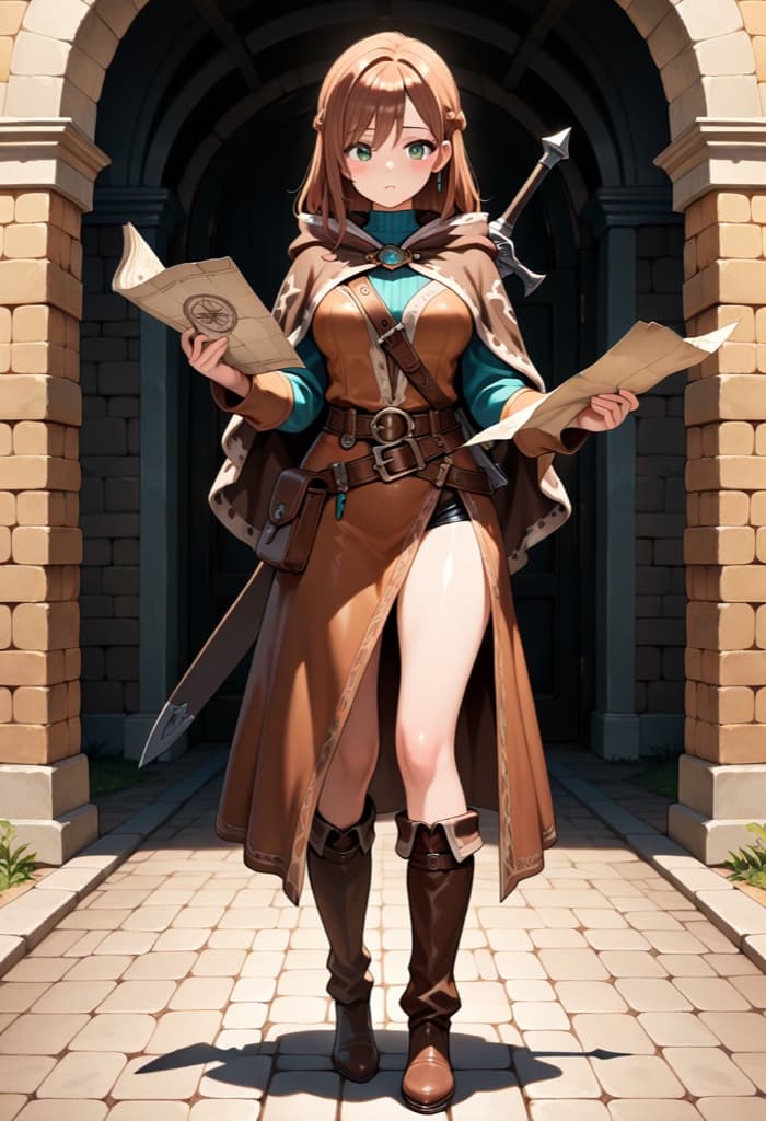 Original isekai adventurer OC in leather armor with a traveler cloak and a map