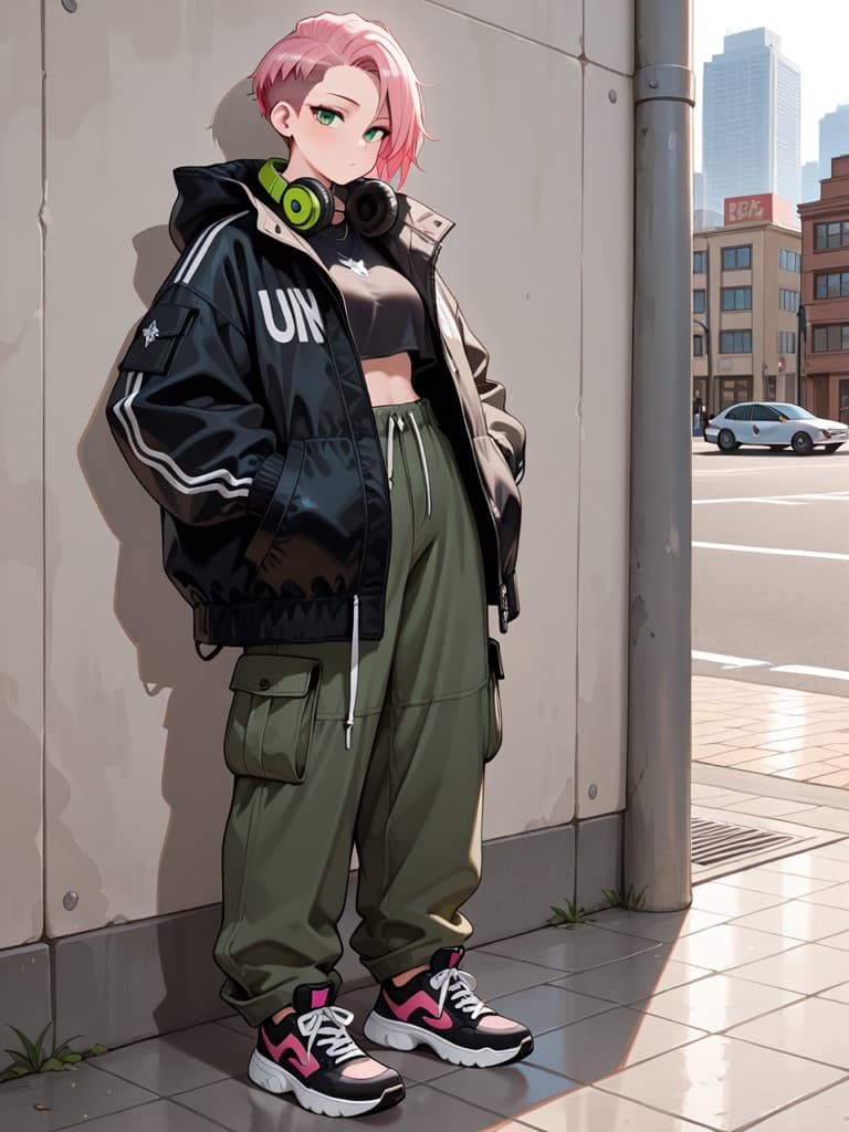 Original streetwear OC with a pink undercut, an oversized jacket and chunky sneakers