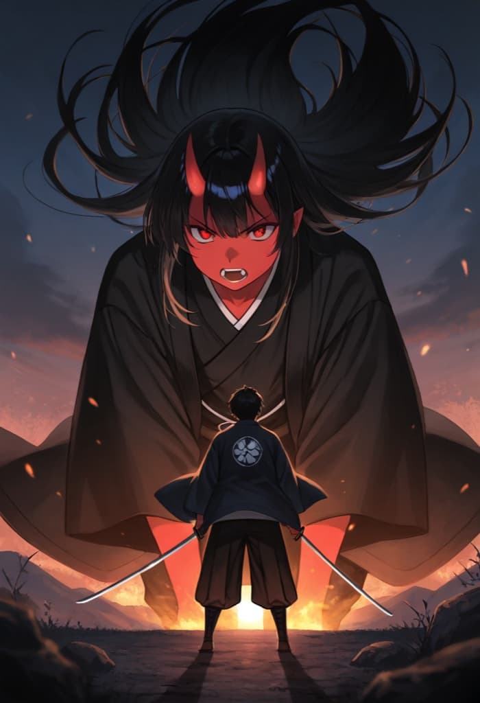 Original oni swordsman OC with red horns, traditional armor and a katana