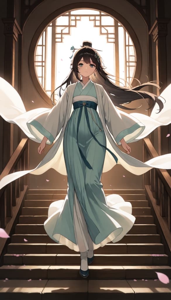 Original guofeng cultivator OC in flowing hanfu robes among falling petals